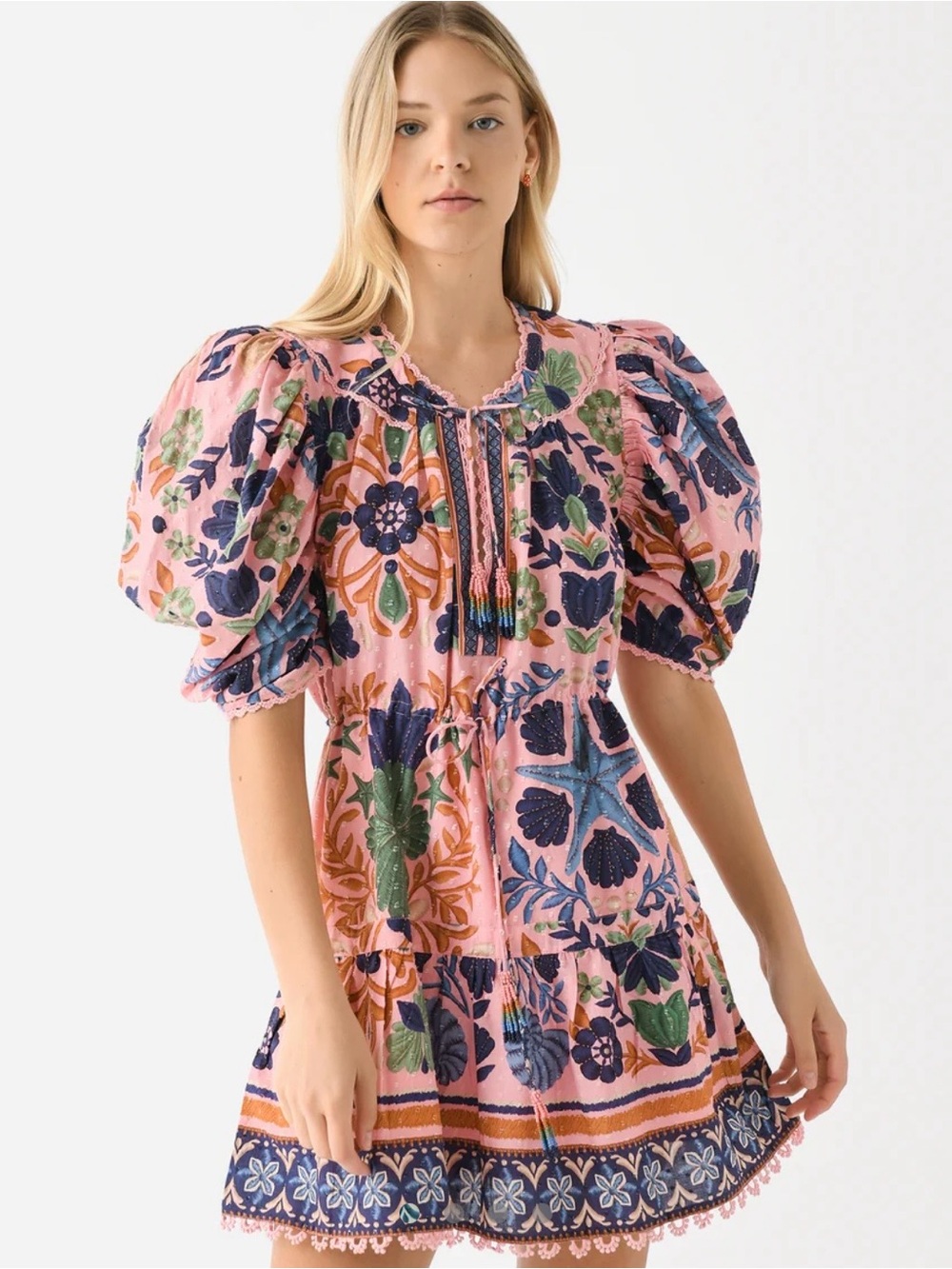 FARM RIO Seashell Tapestry Pink Puff-Sleeve Mini Dress, size XS